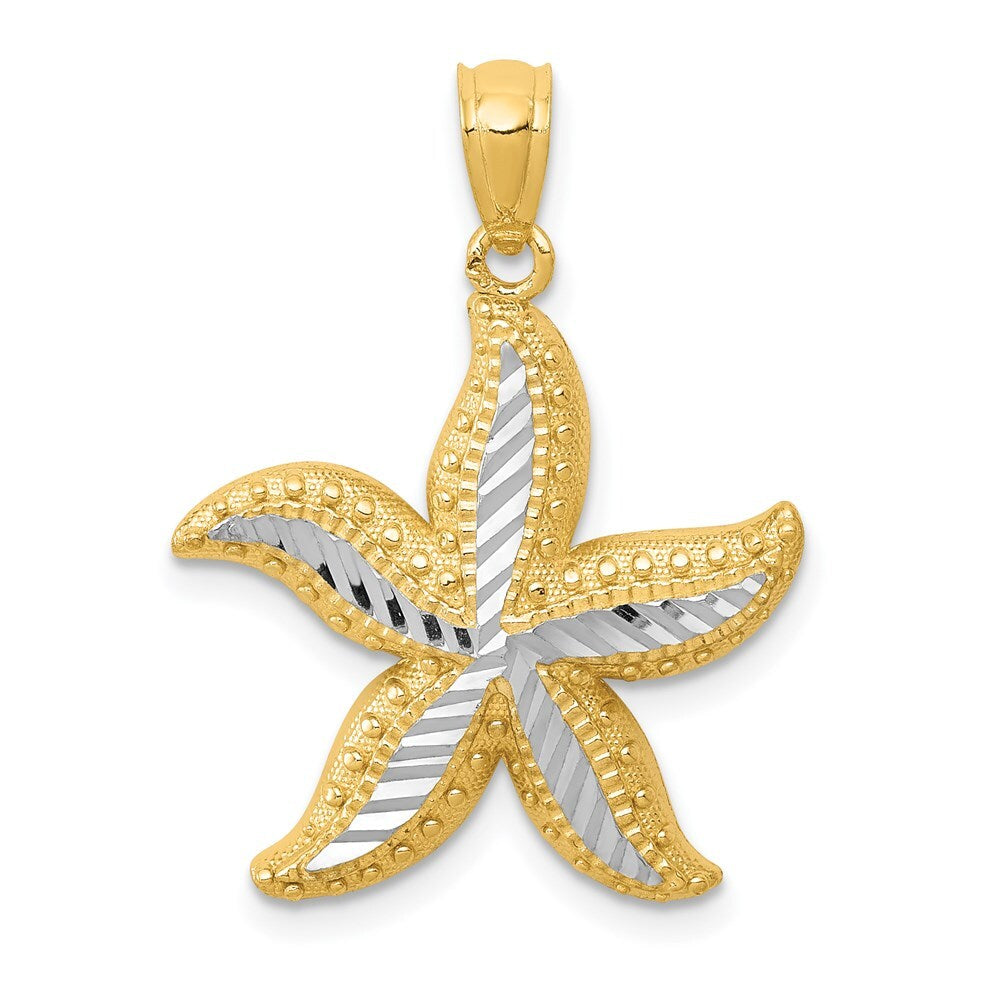 14k Yellow Gold with White Rhodium Diamond-cut Starfish Pendant for Women