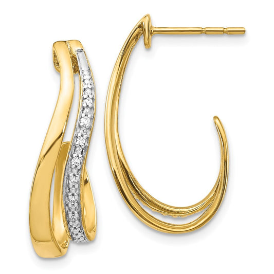 14k Yellow Gold w/Rhodium Diamond J-Hoop Earrings