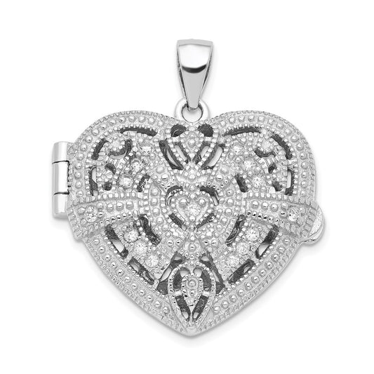 Sterling Silver Cubic Zirconia Fancy Design Heart 22mm Locket Pendant