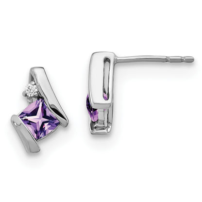 14K White Gold Cushion Amethyst and Diamond Stud Earrings Gift for Women