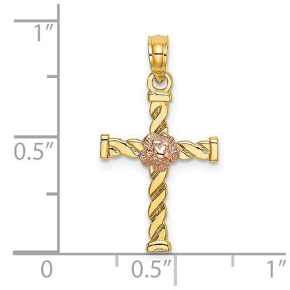 14k Two-Tone Twisted Cross w/ Flower Charm