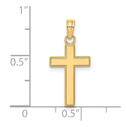 14k Yellow Gold Polished Block Style Beaded Edge Cross Charm Pendant for Women