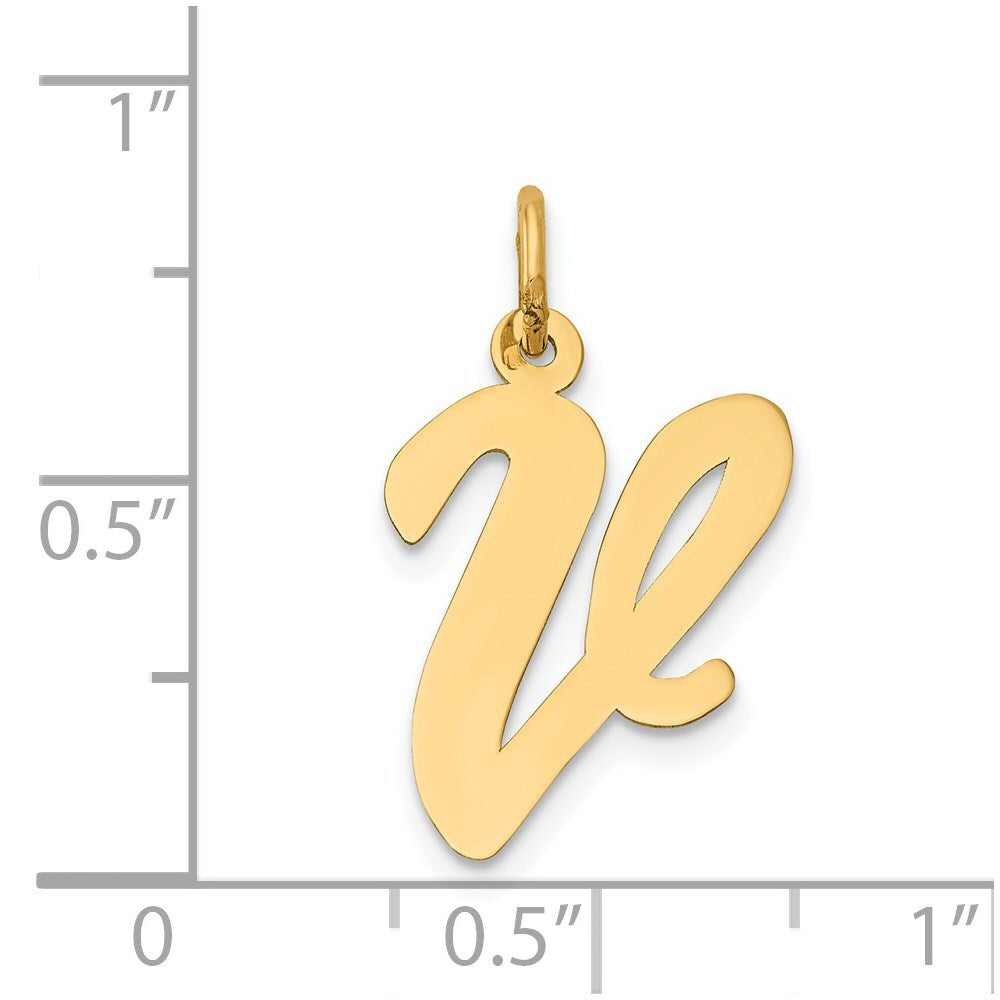 14k Yellow Gold Large Script Letter V Initial Charm Pendant for Women