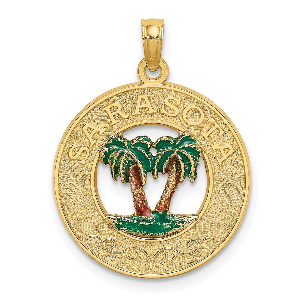 14k Yellow Gold  Enamel SARASOTA Circle Palm Tree Charm Pendant for Women