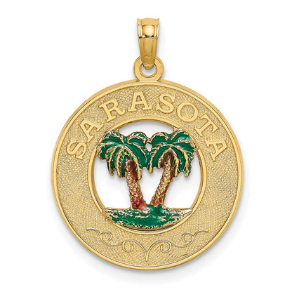14k Yellow Gold  Enamel SARASOTA Circle Palm Tree Charm Pendant for Women