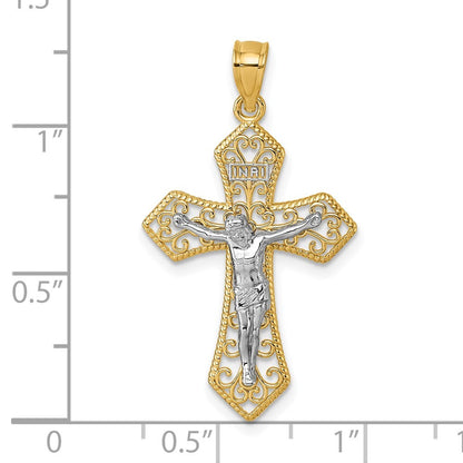 14k Two-tone Gold Polished and Beaded Fancy Crucifix Pendant for Women