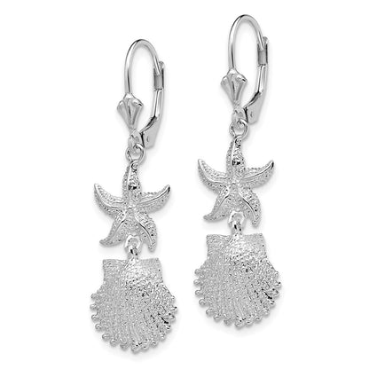 Sterling Silver Rhodium-Plated Starfish and Shell Leverback Earrings