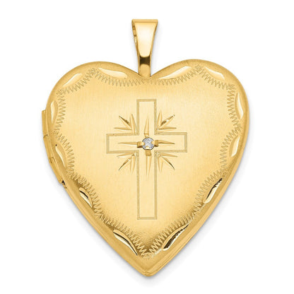 14k Yellow Gold 20mm Diamond Satin & Diamond-Cut Cross Heart Locket for Women