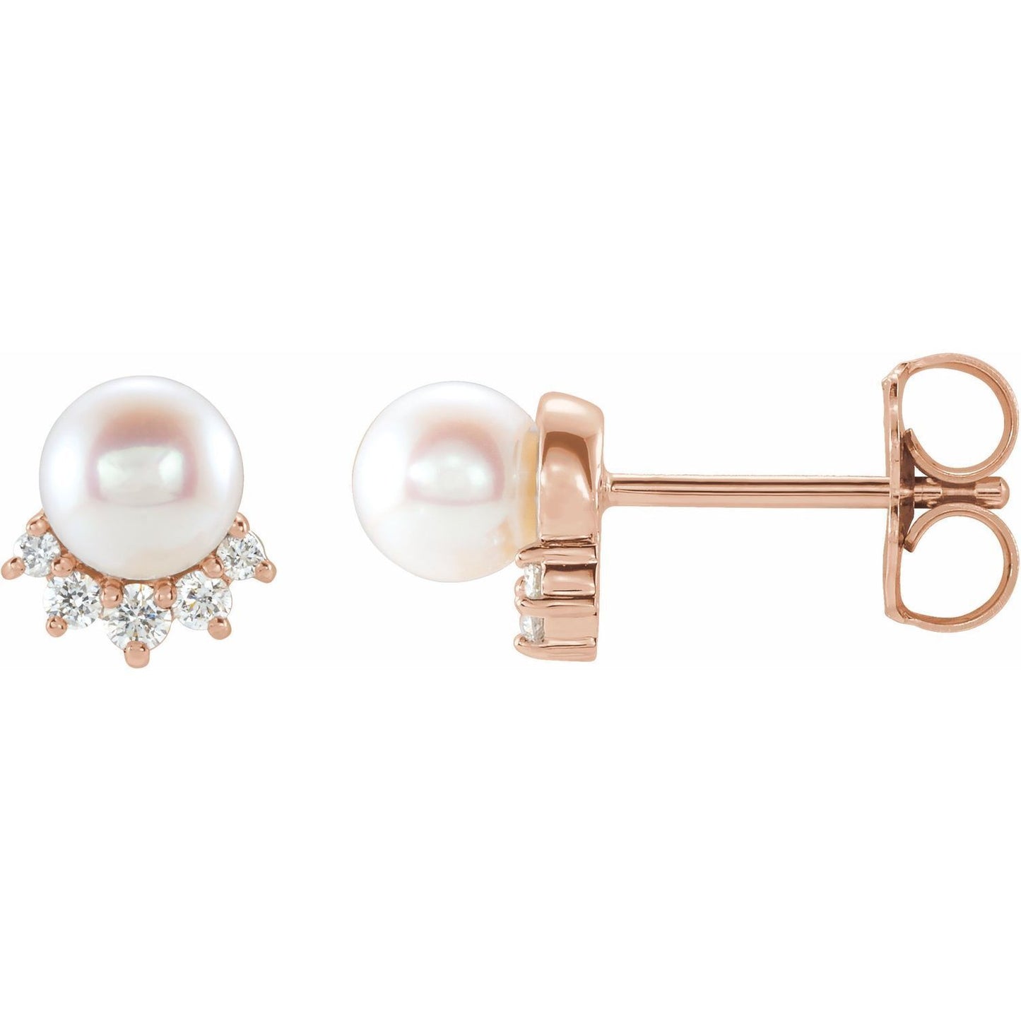 14k Rose Gold  White Freshwater Cultured Pearl & .08Ct Diamond Stud Earrings