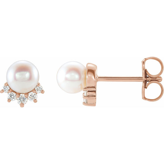 14k Rose Gold  White Freshwater Cultured Pearl & .08Ct Diamond Stud Earrings