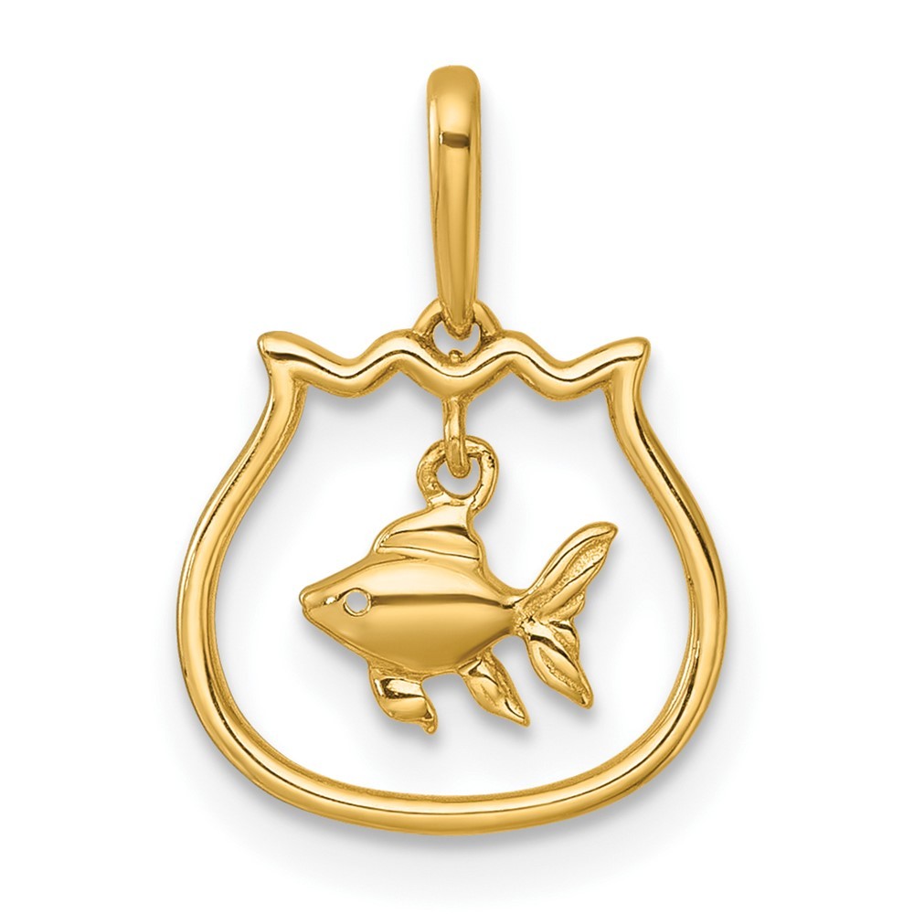 14k Yellow Gold Polished Fish Bowl with Dangling Fish Charm / Pendant