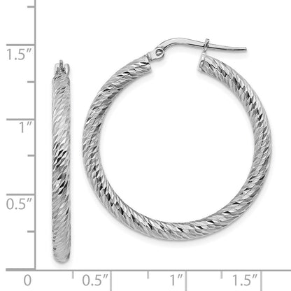 14k White Gold 3x25mm Diamond-cut Round Hoop Earrings