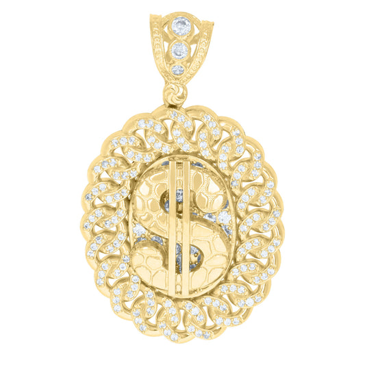 10k Yellow Gold Cubic-Zirconia Currency Dollar Sign Cuban Link Medallion Pendant