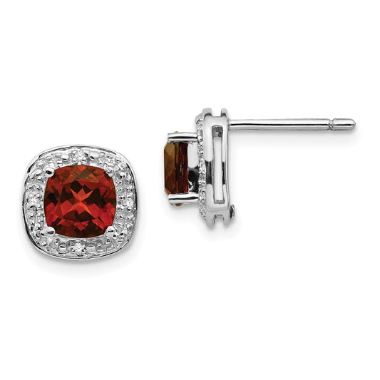 Sterling Silver Rhodium Plated Garnet and Diamond Earrings