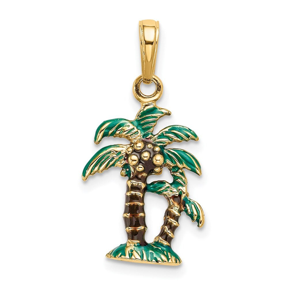 14k Yellow Gold 3D Enameled Palm Trees Pendant for Women