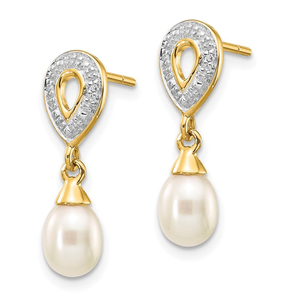 14k Yellow Gold 7x5mm White Teardrop FWC Pearl .01ct Diamond Dangle Earrings