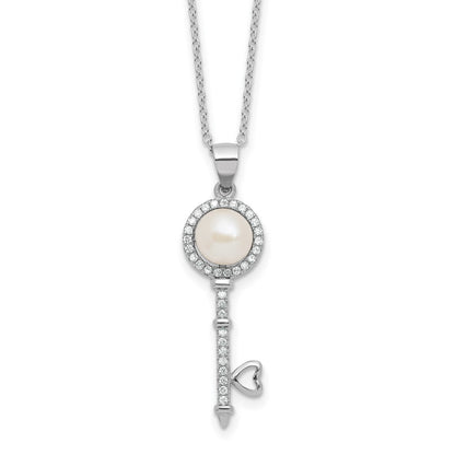 Sterling Silver 7mm Butto Freshwater Cultured Pearl and CZ Key 17" Necklace