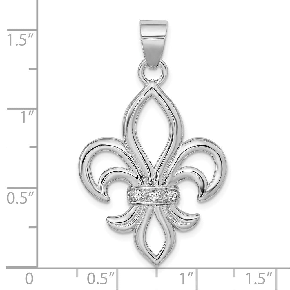 Sterling Silver Rhodium-platedCubic Zirconia Fleur de Lis Pendant