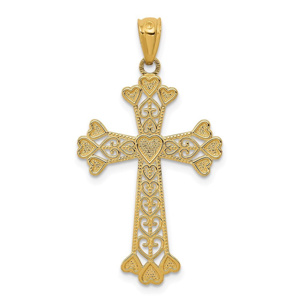 14k Yellow Gold Diamond-cut Polished Filigree Hearts Cross Pendant