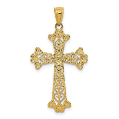 14k Yellow Gold Diamond-cut Polished Filigree Hearts Cross Pendant