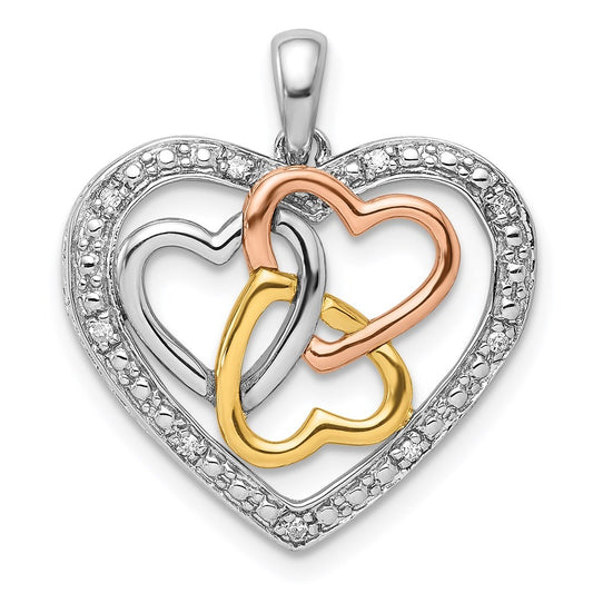 Sterling Silver Rhodium White, Yellow, & Rose Gold Plating Diamond Heart Pendant