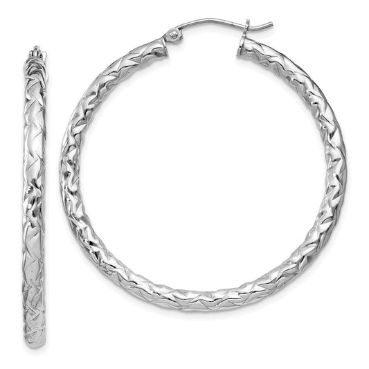 Sterling Silver Rhodium-plated Textured 3x40mm Hoop Earrings
