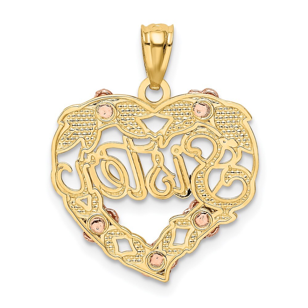 14k Two-tone Gold White Rhodium SISTER Heart Pendant for Women