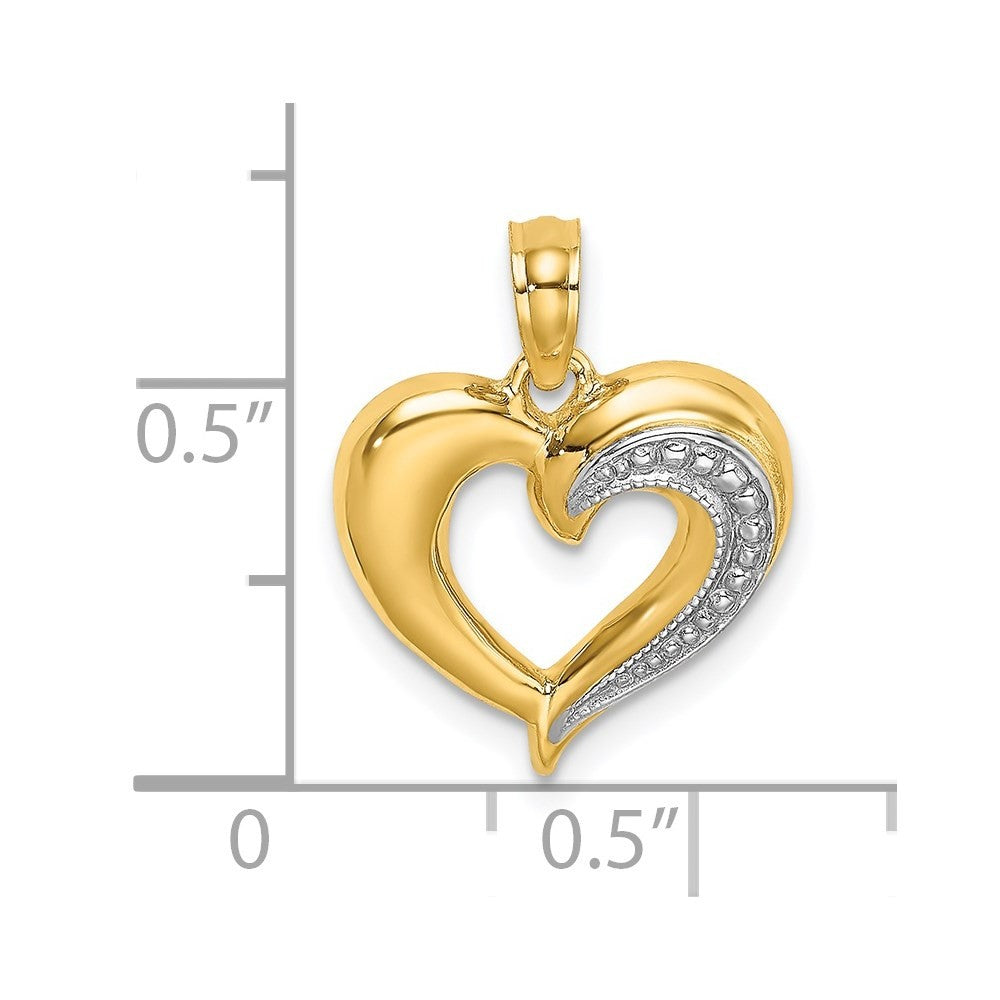 14k Yellow Gold and White Rhodium Polished and Textured Heart Charm