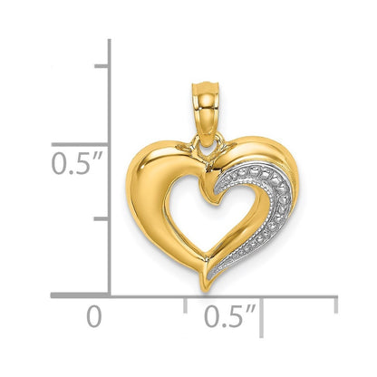 14k Yellow Gold and White Rhodium Polished and Textured Heart Charm