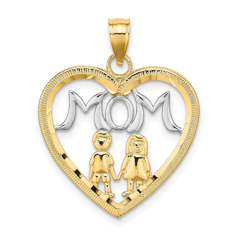 14k Yellow Gold  Rhodium MOM Heart with 2 Kids Charm Pendant for Women