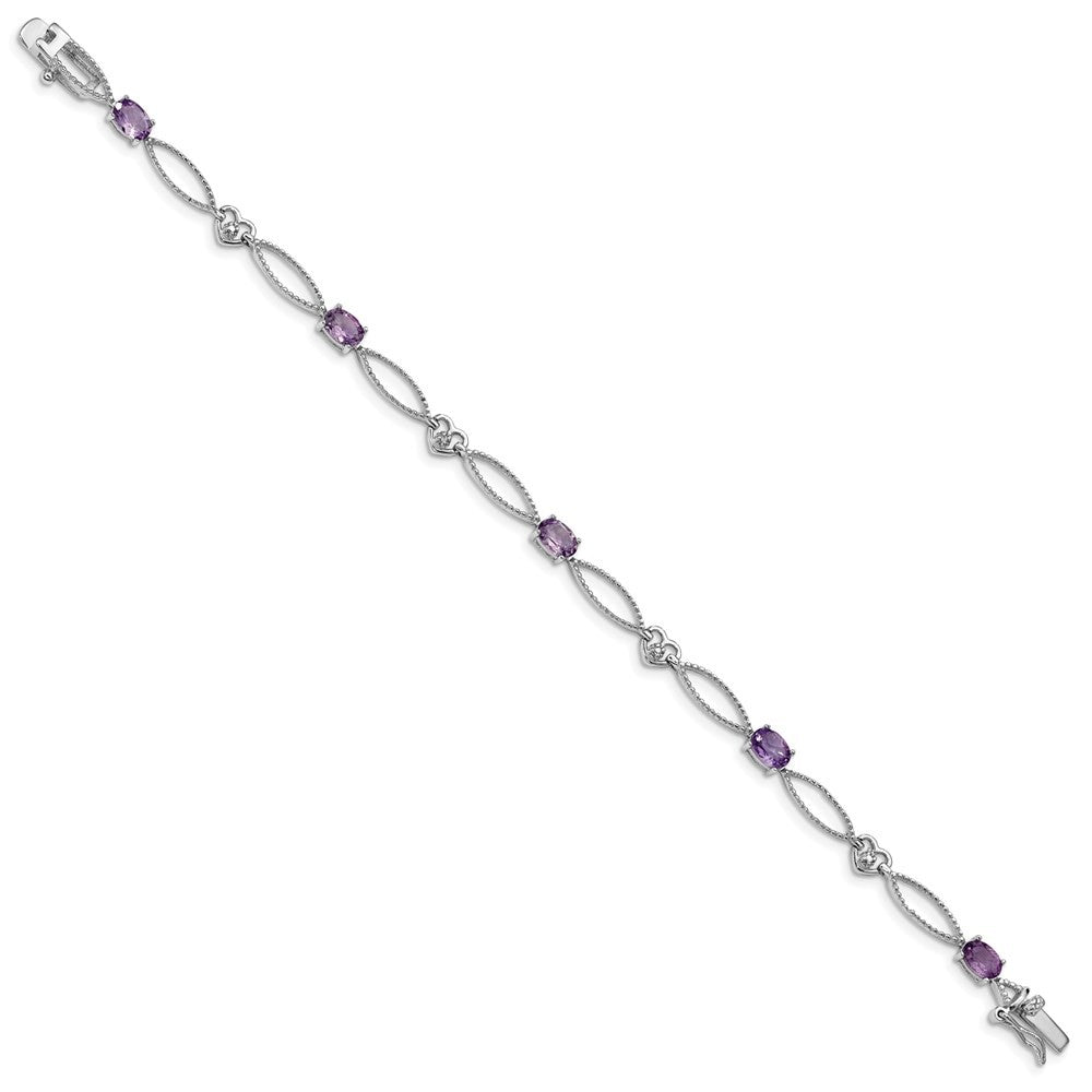 Sterling Silver Rhodium-plated Diamond & Amethyst Oval Diamond-Cut Bracelet