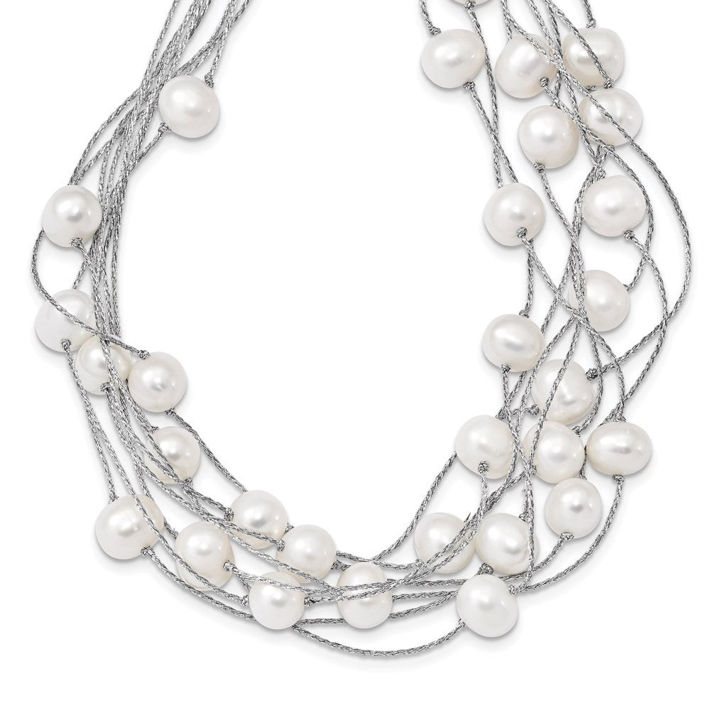 Sterling Silver 8-10mm White Semi-Round Cultured Pearl Multi Strand 18" Necklace