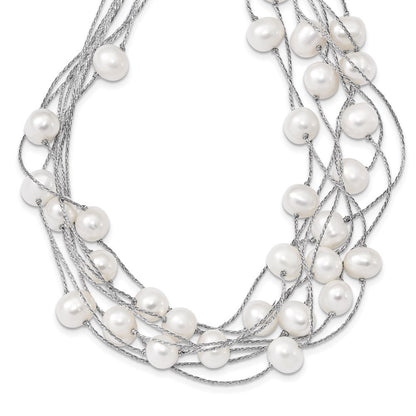 Sterling Silver 8-10mm White Semi-Round Cultured Pearl Multi Strand 18" Necklace