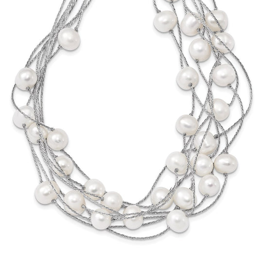 Sterling Silver 8-10mm White Semi-Round Cultured Pearl Multi Strand 18" Necklace
