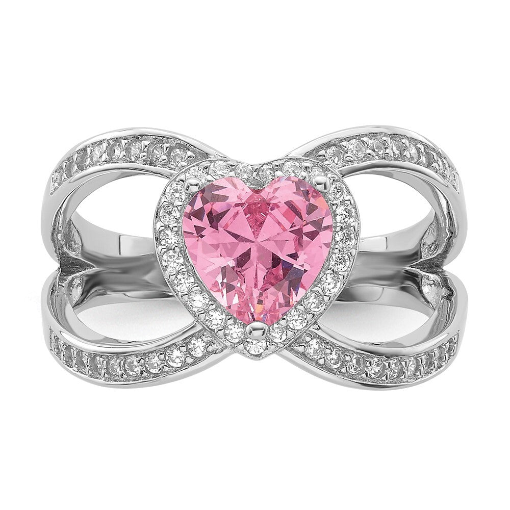 Sterling Silver Rhodium-plated Clear and Pink CZ Heart Ring Size 6