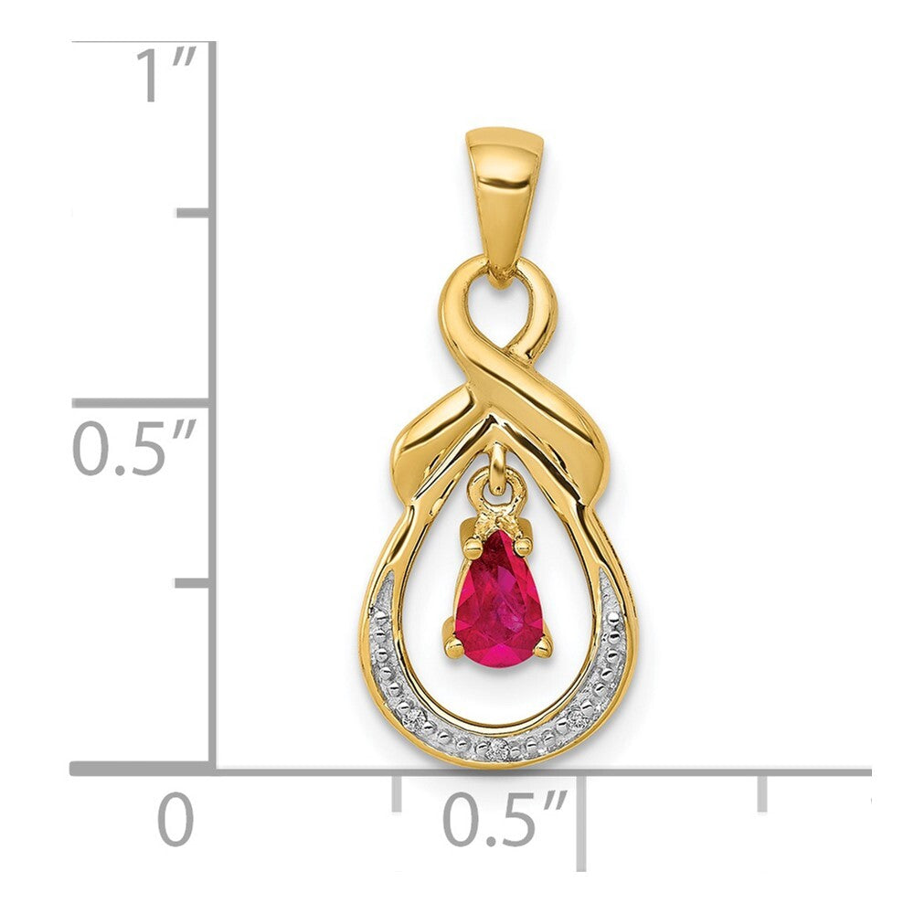 14k Yellow Gold Pear Ruby and Diamond Dangle Pendant for Women