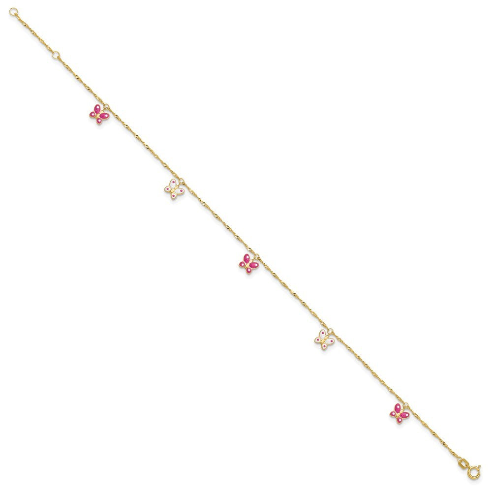 14k Yellow Gold Pink and White Enameled Butterfly Dangles 10" Anklet