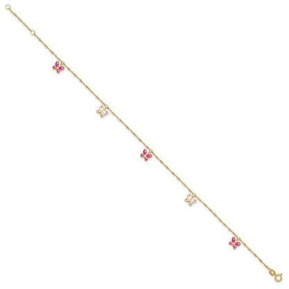 14k Yellow Gold Pink and White Enameled Butterfly Dangles 10" Anklet