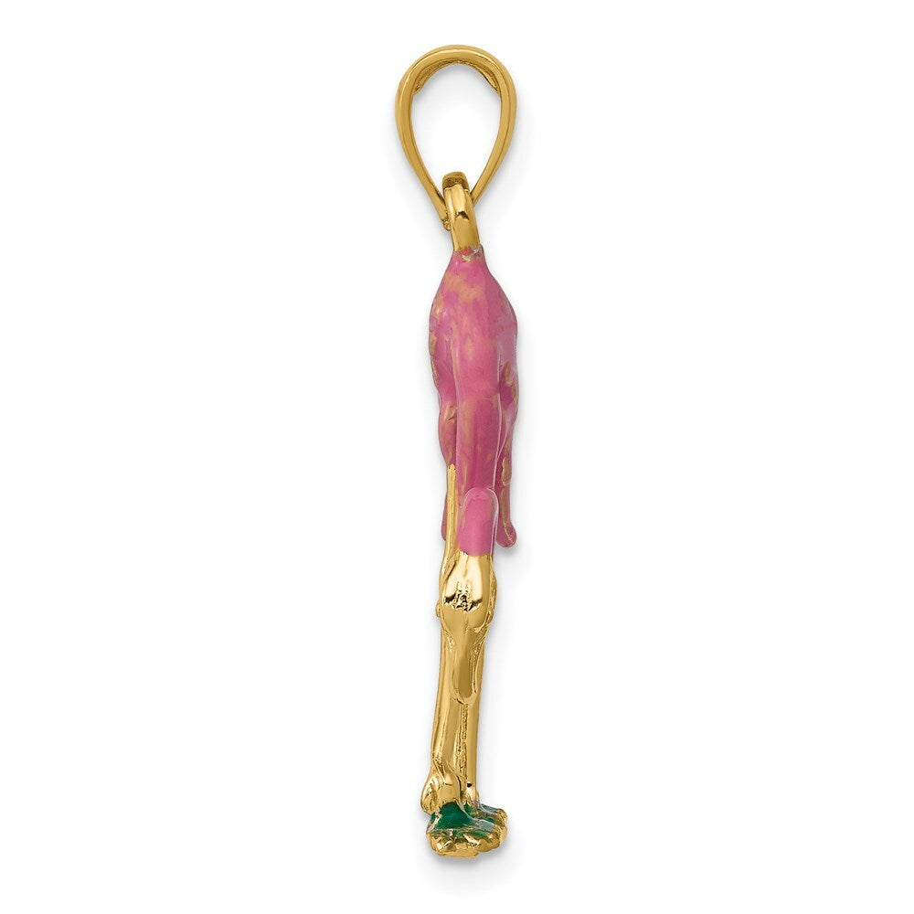 14k Yellow Gold Enameled 3-D Pink Flamingo Pendant