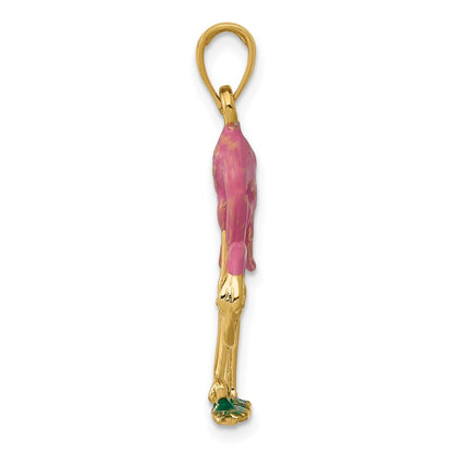 14k Yellow Gold Enameled 3-D Pink Flamingo Pendant