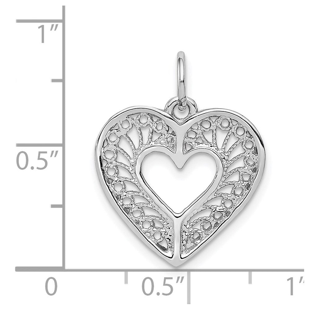 14k White Gold Solid Diamond-cut Fancy Filigree Heart Charm Pendant for Women
