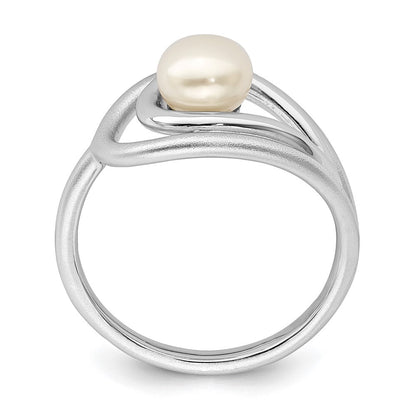 Sterling Silver Rhodium-plated Polished & Brushed (6-7mm) FWC Pearl Ring Size 8