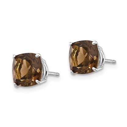 14k White Gold 7mm Cushion Checker-Cut Smoky Quartz Earrings Gift for Women