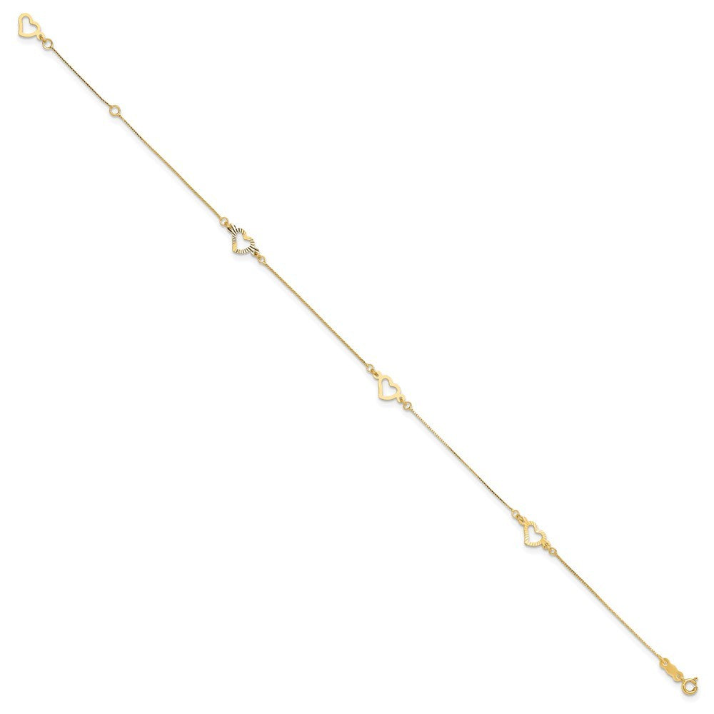 14k Yellow Gold Fancy Open Hearts 3-Station 11" Anklet
