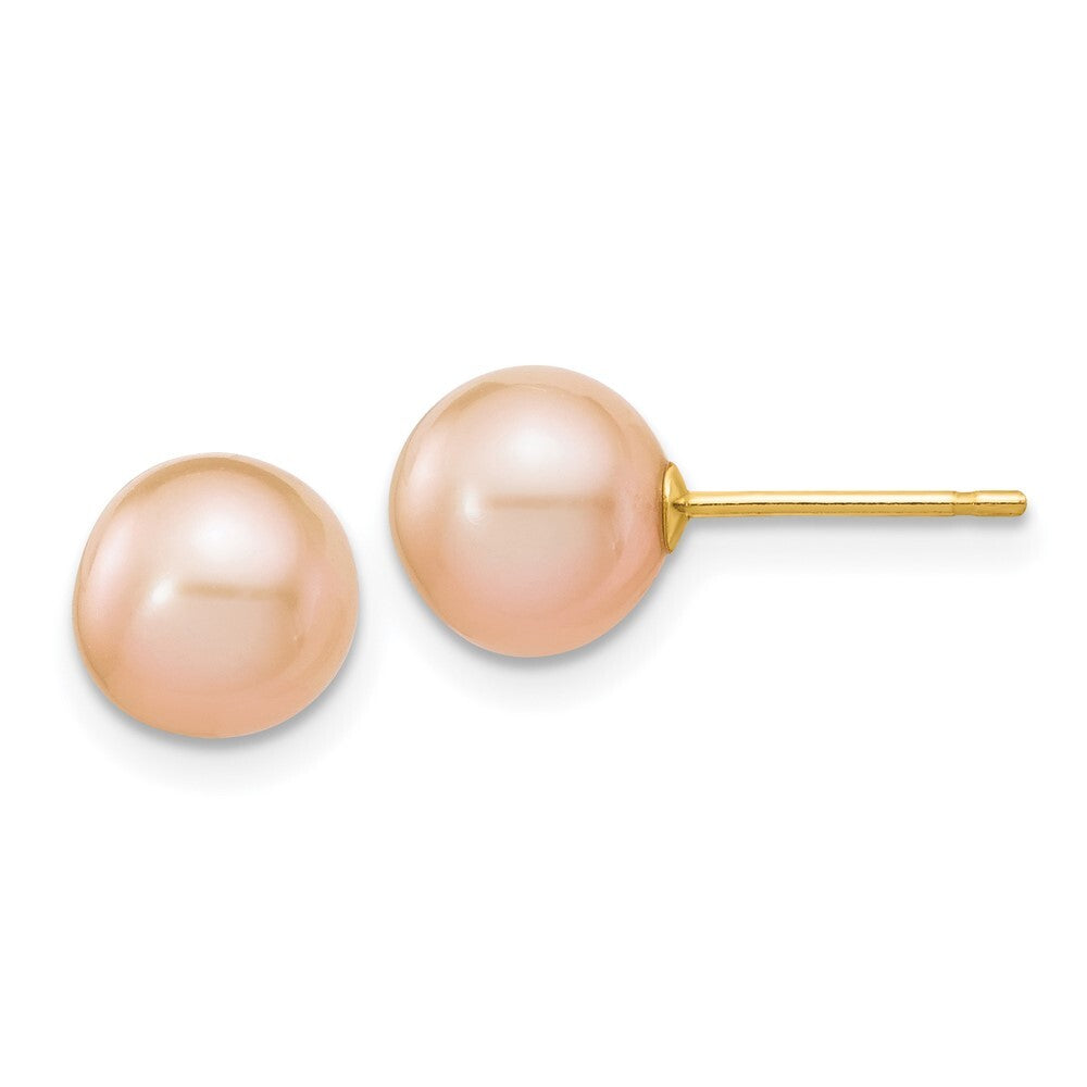 14k Yellow Gold 7-8mm Pink Round Freshwater Cultured Pearl Stud Earrings