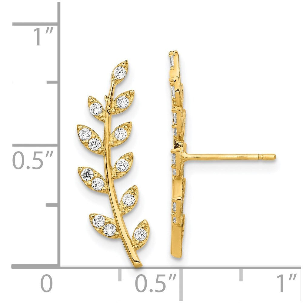 14k Yellow Gold Cubic Zirconia Fern Ear Climber Stud Earrings Gift for Women