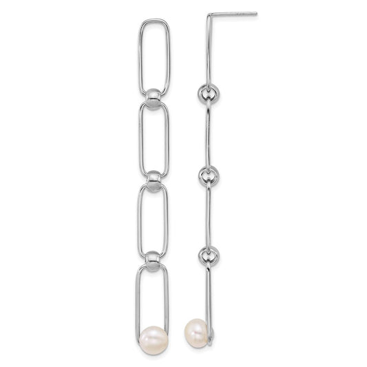 Sterling Silver 6-7mm Freshwater Cultured Pearl & Bead Long Link Dangle Earrings