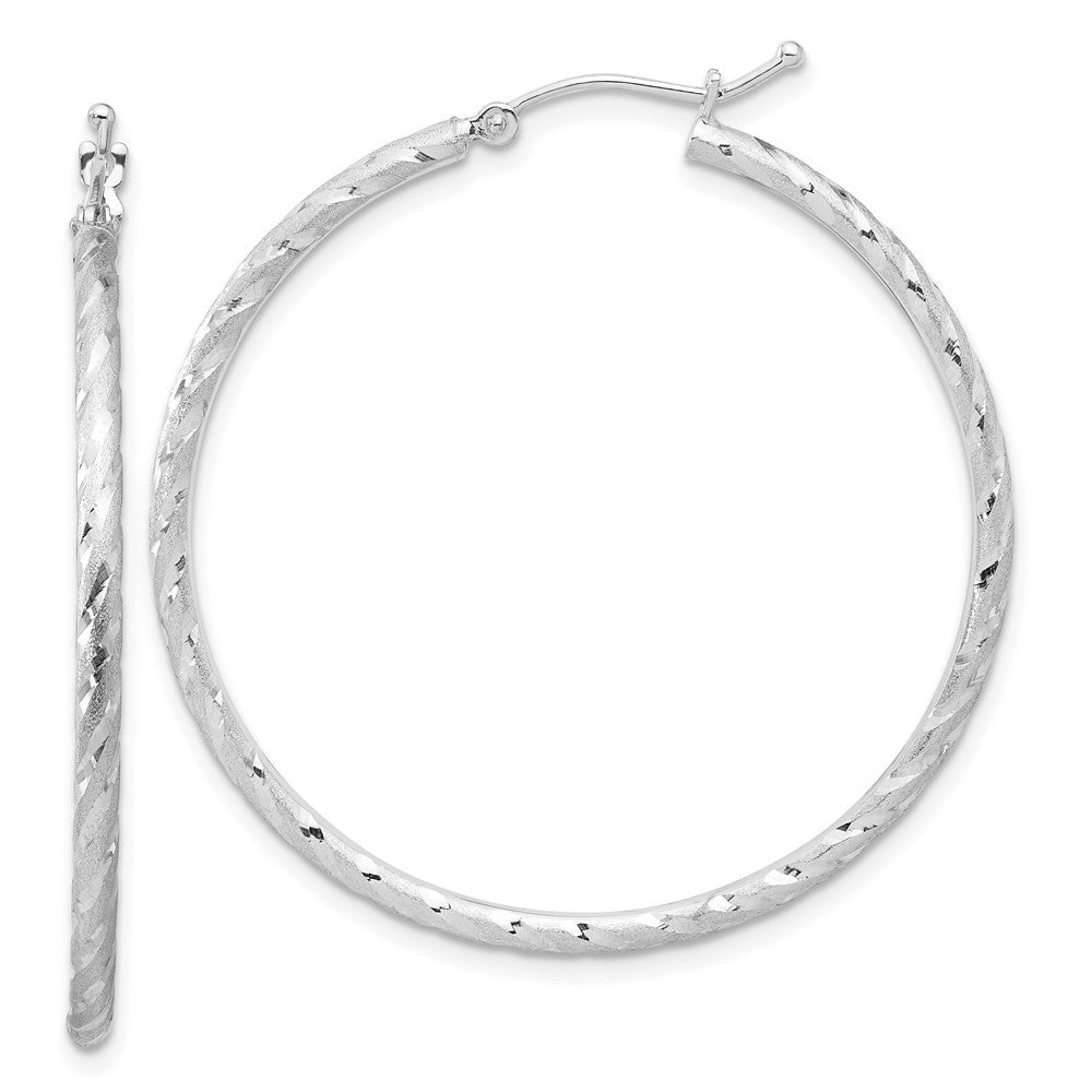14k White Gold Polished and Satin Diamond-Cut 2mm Hoop Earrings
