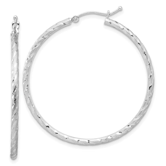 14k White Gold Polished and Satin Diamond-Cut 2mm Hoop Earrings