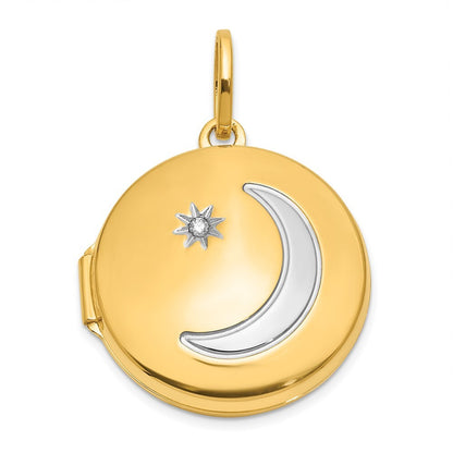 14k Yellow Gold with White Rhodium 20mm Diamond Moon & Star Round Locket Pendant